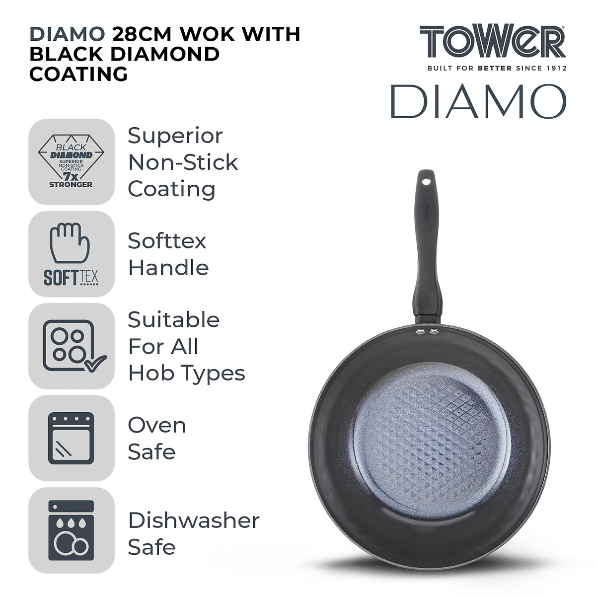 28cm Diamo Wok with Black Diamond Coating black, TOWER