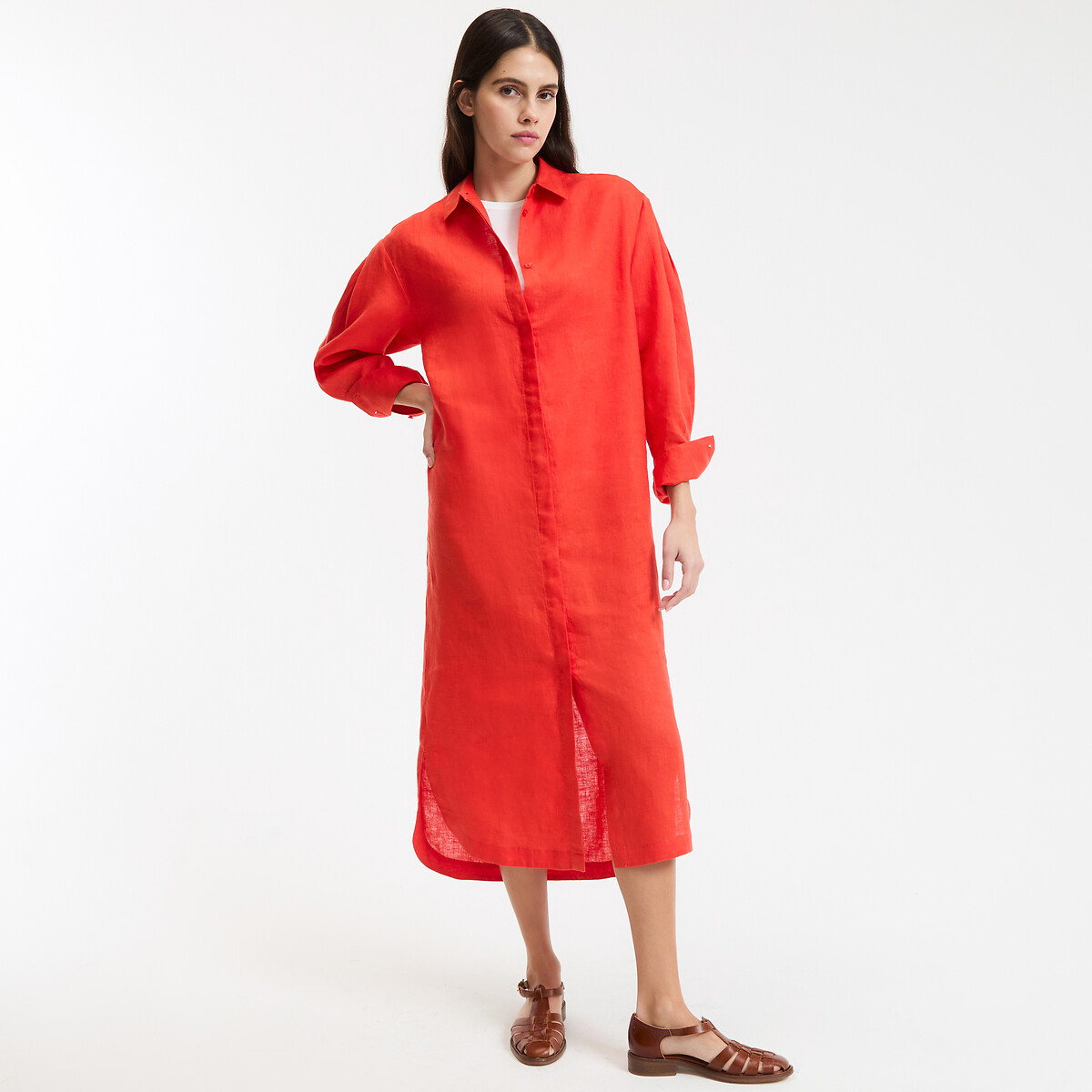 Robe-chemise droite, en lin, longue, manches longues rouge grenadine, LA REDOUTE COLLECTIONS