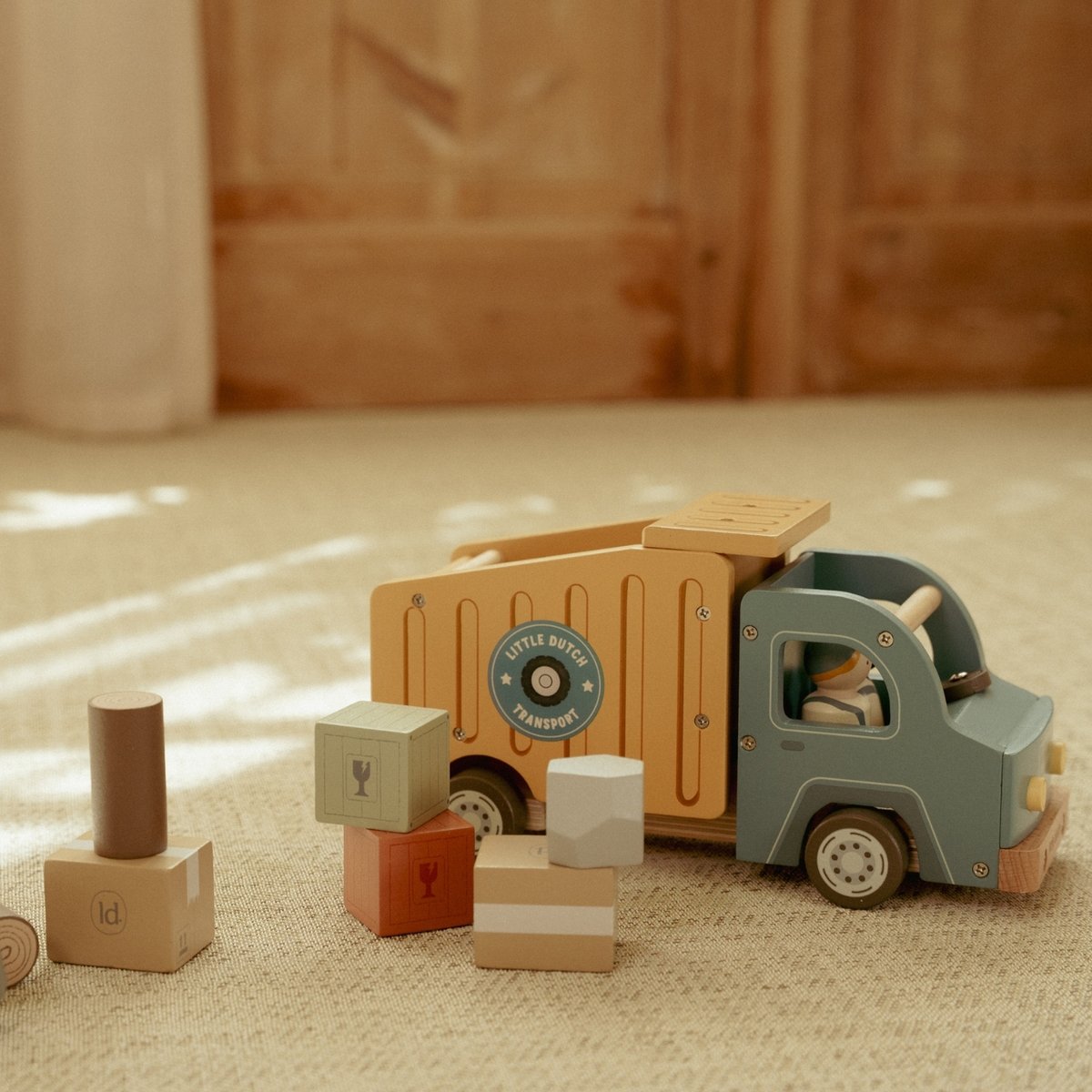 Camion-benne jaune, bleu, écru, LITTLE DUTCH