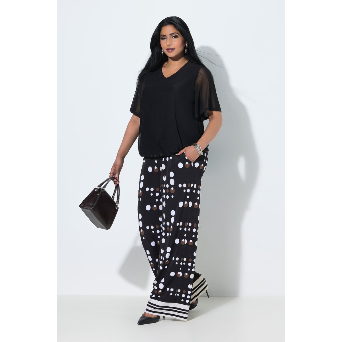Pantalon au tombé fluide, motif à pois noir, ULLA POPKEN