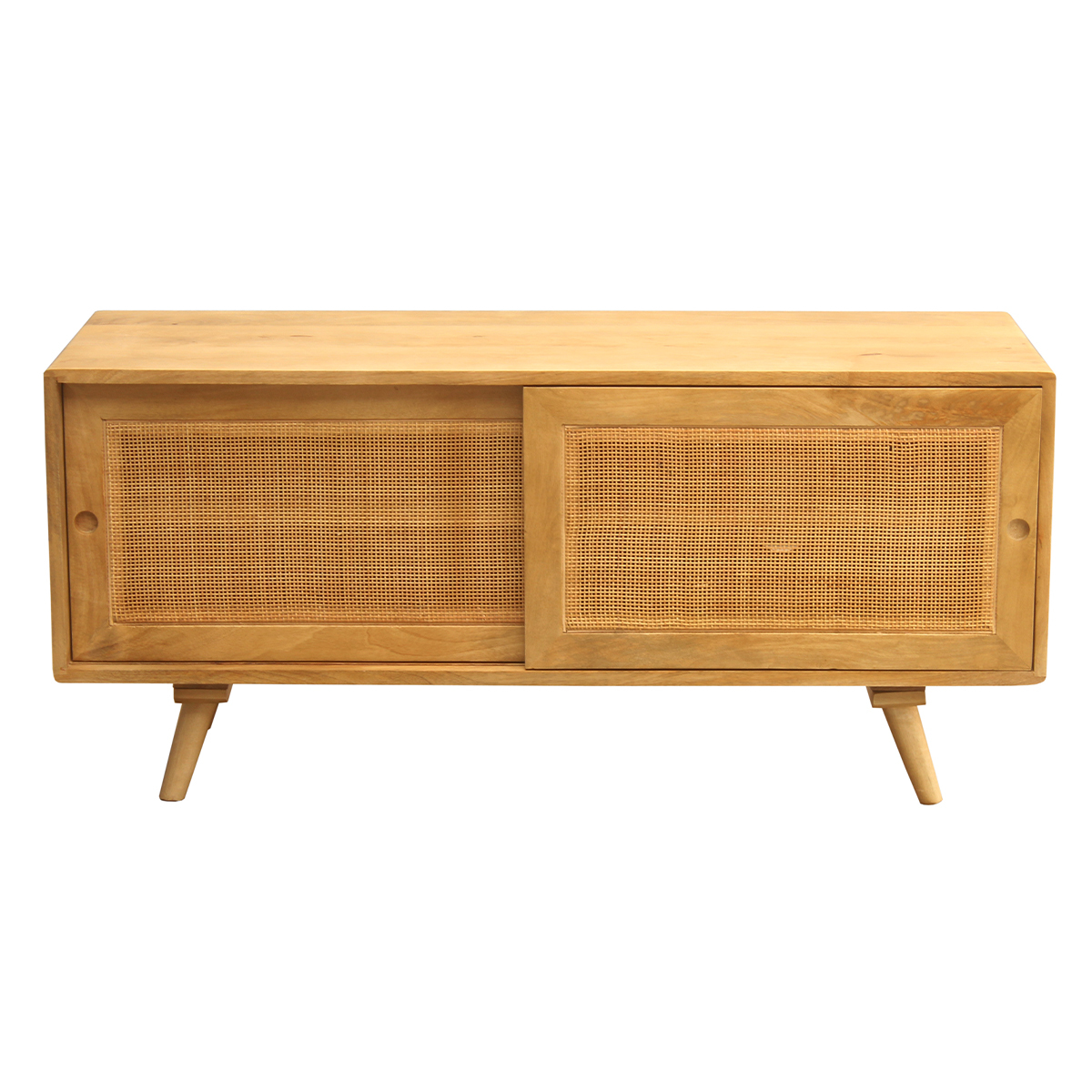 Meuble TV en bois manguier massif et cannage rotin L110 cm ACANGE chêne clair, MILIBOO