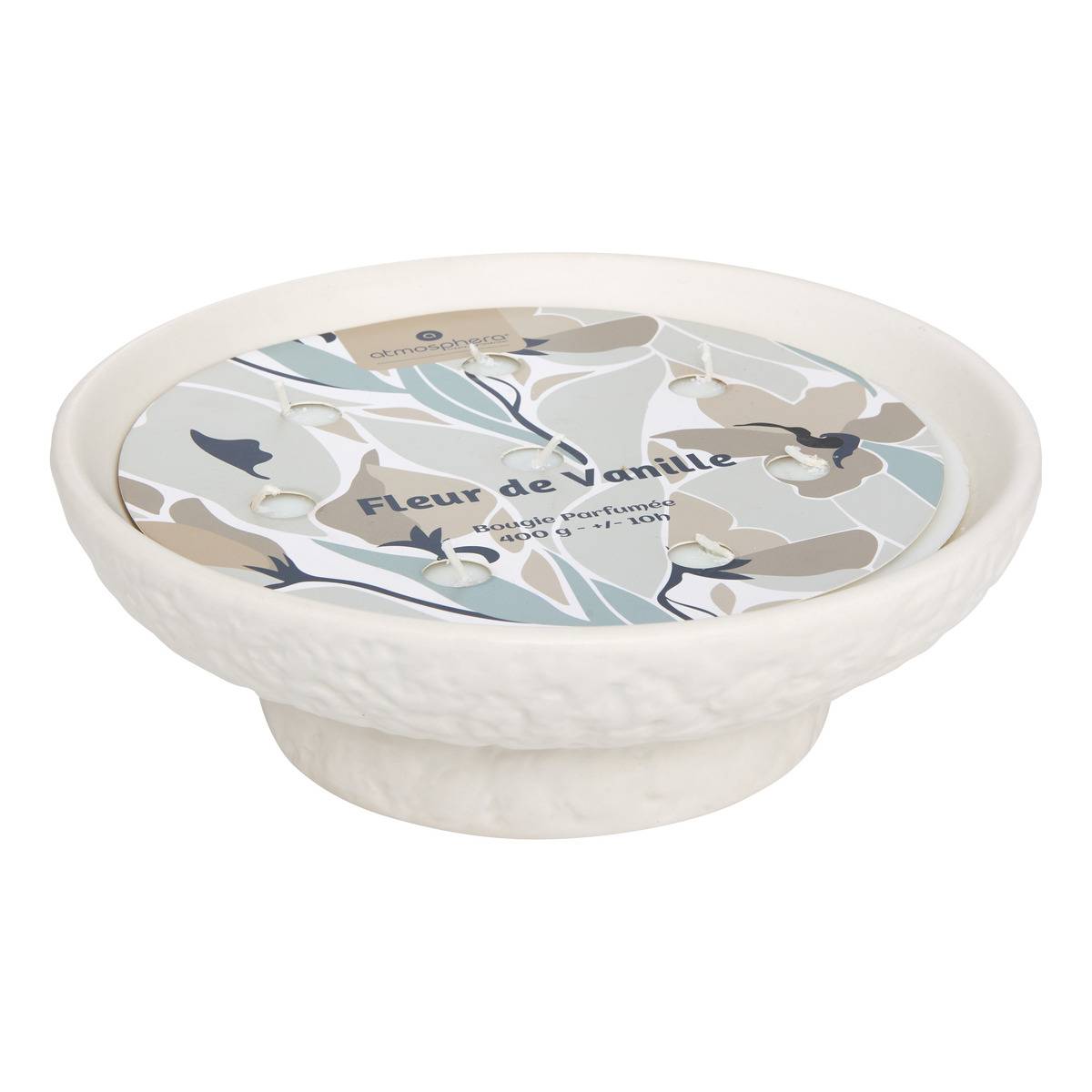 Bougie parfumée 8 mèches en coupelle céramique effet pierre STONY blanc, ATMOSPHERA