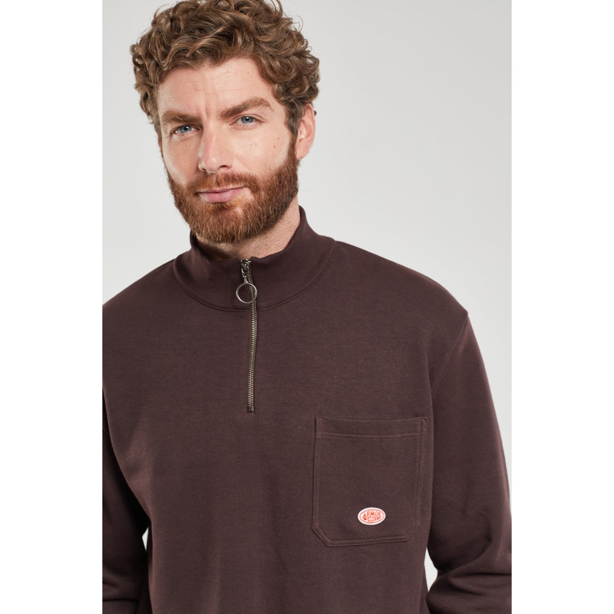 Sweat col camionneur en coton épais bio acajou foncé, ARMOR-LUX