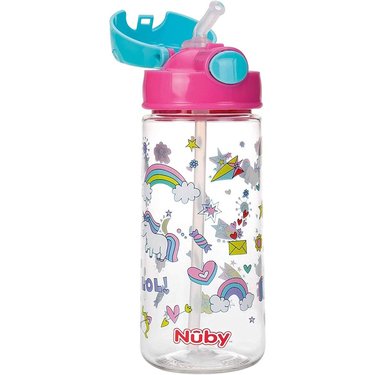 Gobelet paille souple et bouton 540ml rose, NUBY