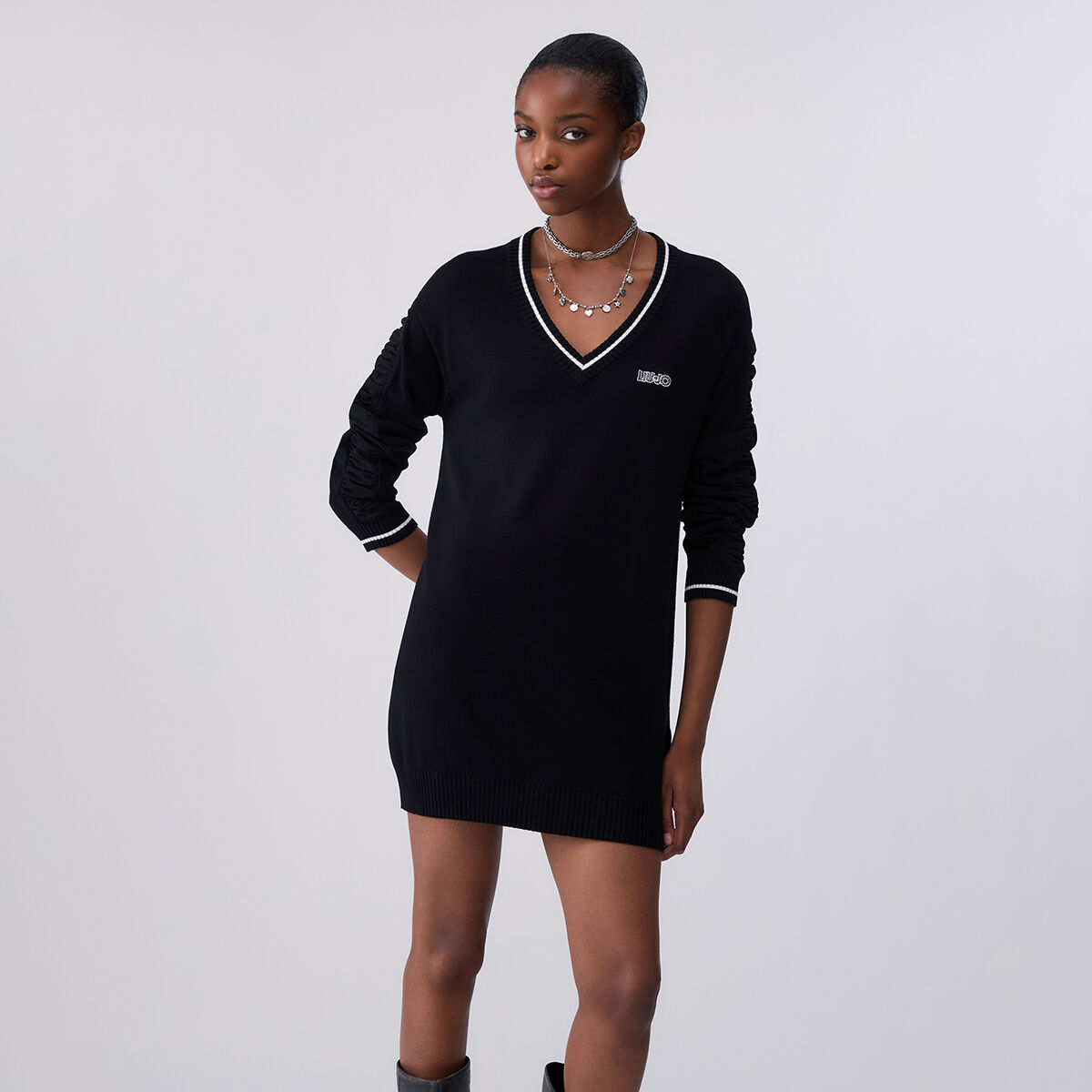 Maxi pull avec insert en georgette noir, LIU JO
