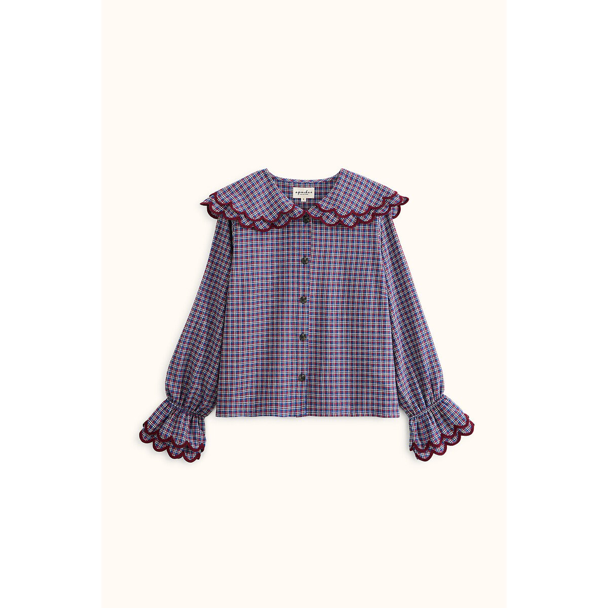 Blusa com gola Claudine, xadrez, BHALLAN quadrados azuis/vermelhos, APACHES COLLECTIONS