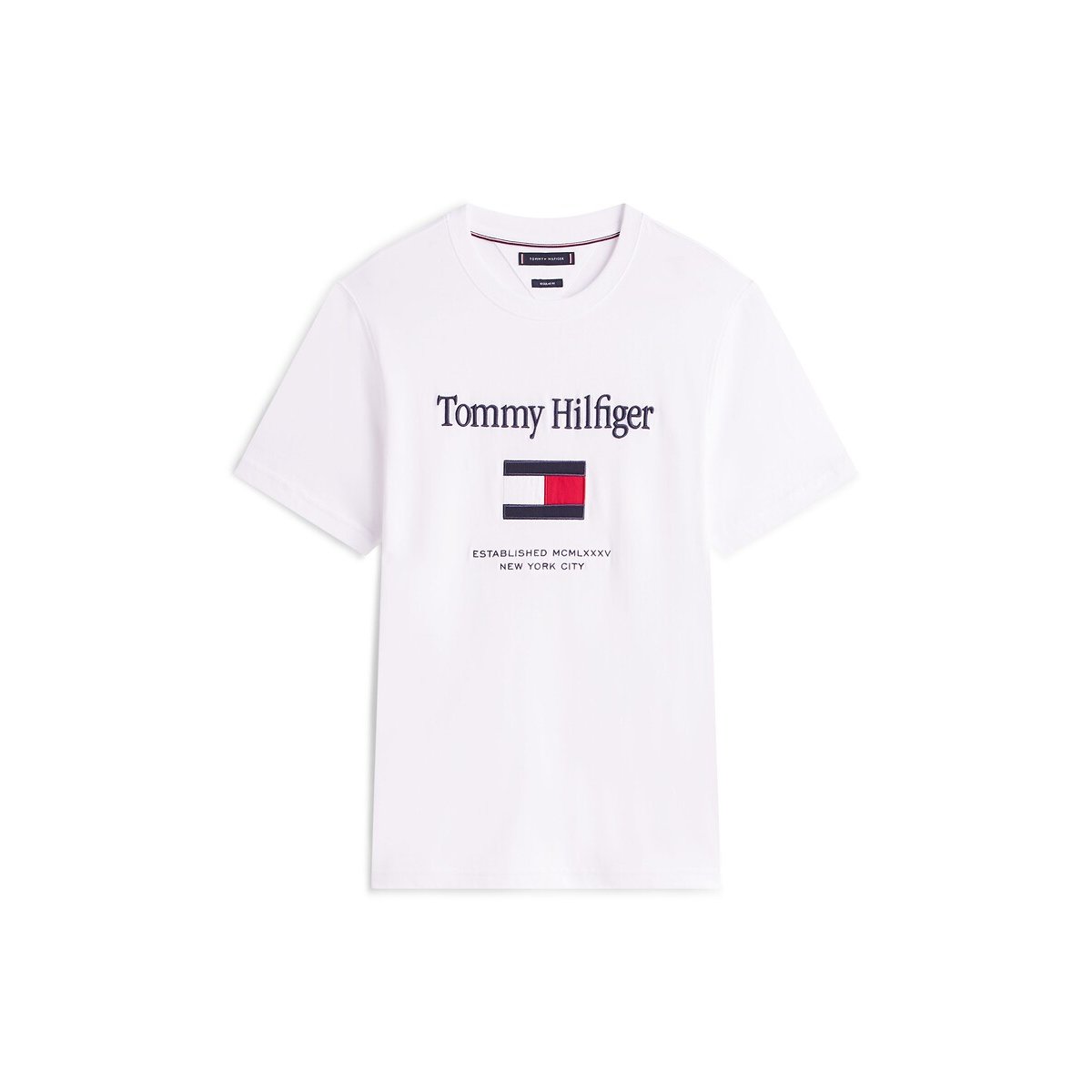 T-shirt à col ras-du-cou et logo brodé blanc, TOMMY HILFIGER