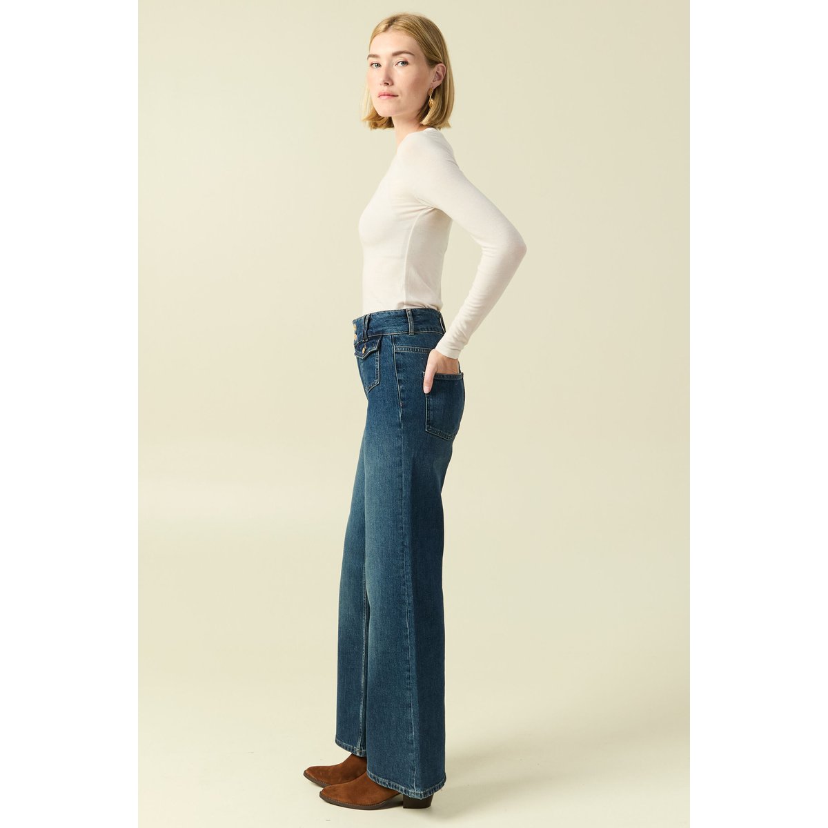 Jeans bootcut taille haute bleu, BONOBO
