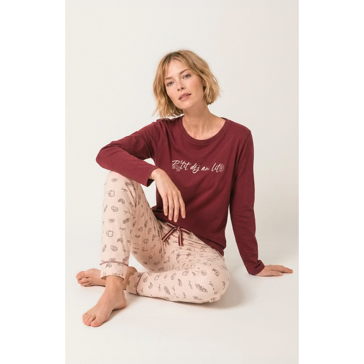 Pyjama en jersey de coton léger imprimé P'tit dej au lit rose, ARTHUR