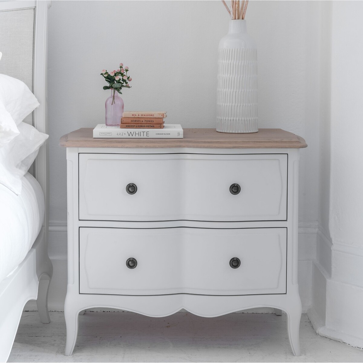Amelie French-Style 2 Drawer Wide Bedside Table grey white , WILLIS & GAMBIER