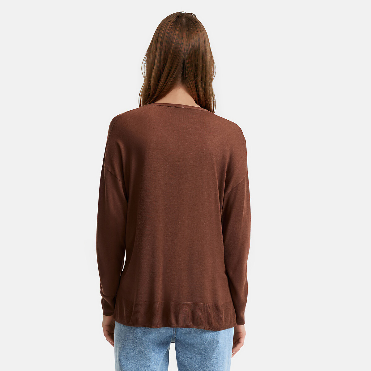 Chaqueta de punto fino con cuello de pico y cierre de botones marrón, LA REDOUTE COLLECTIONS