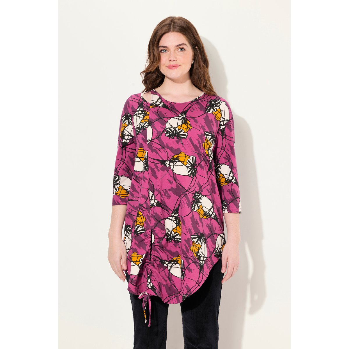T-shirt long en coton bio. Col rond fuchsia, ULLA POPKEN