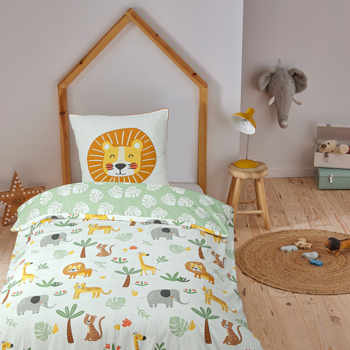 Parure de lit enfant lion jungle réversible SAVANE blanc, FUTURE HOME