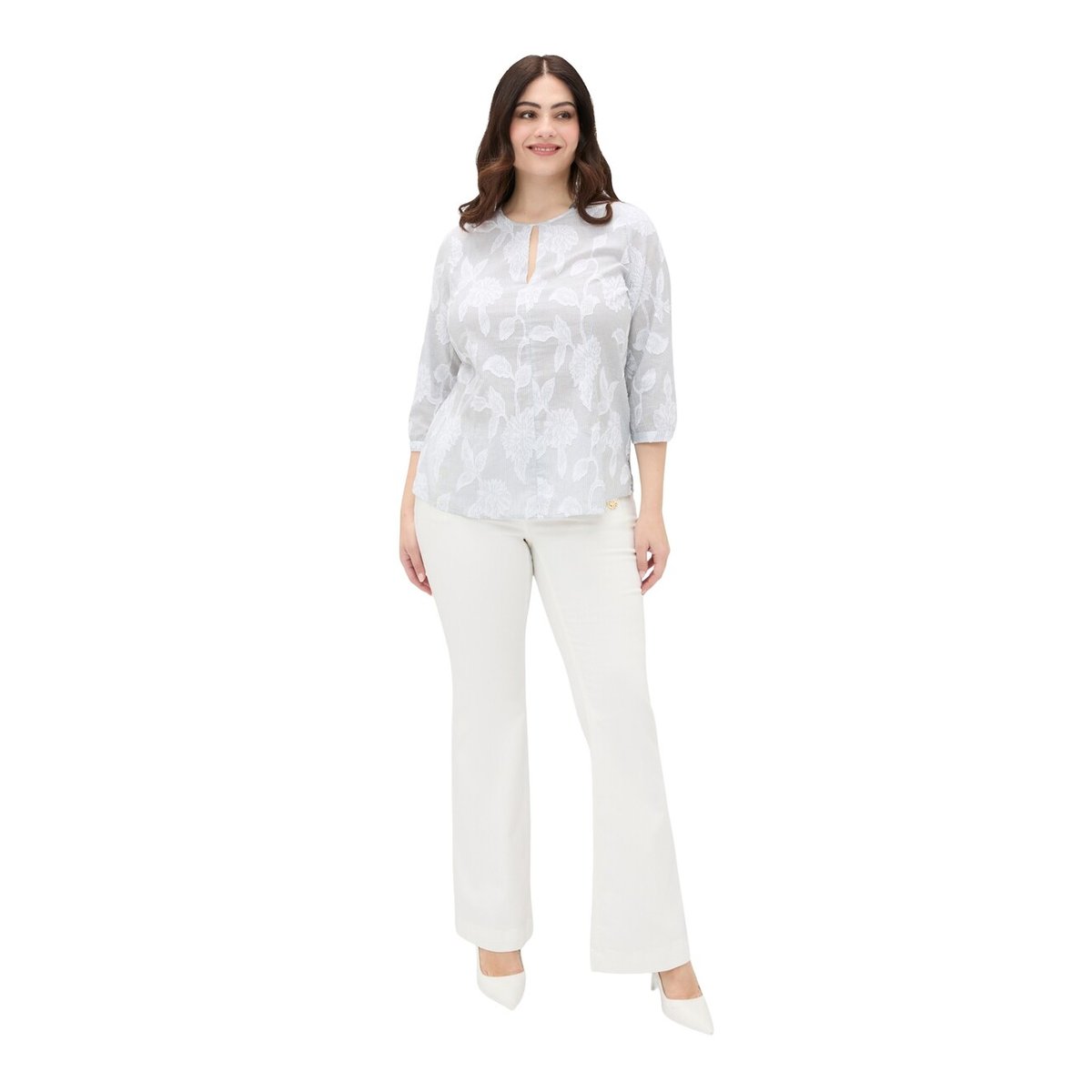 Blouse jacquard avec broderie florale blanc, FIORELLA RUBINO