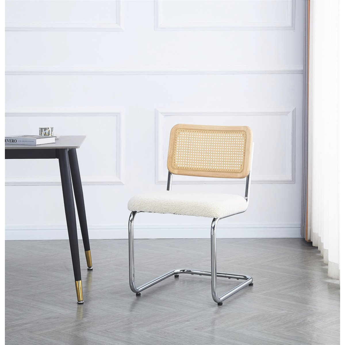 Lot de 2 chaises bouclette et cannage, SOFIA blanc cassé, NORDLYS