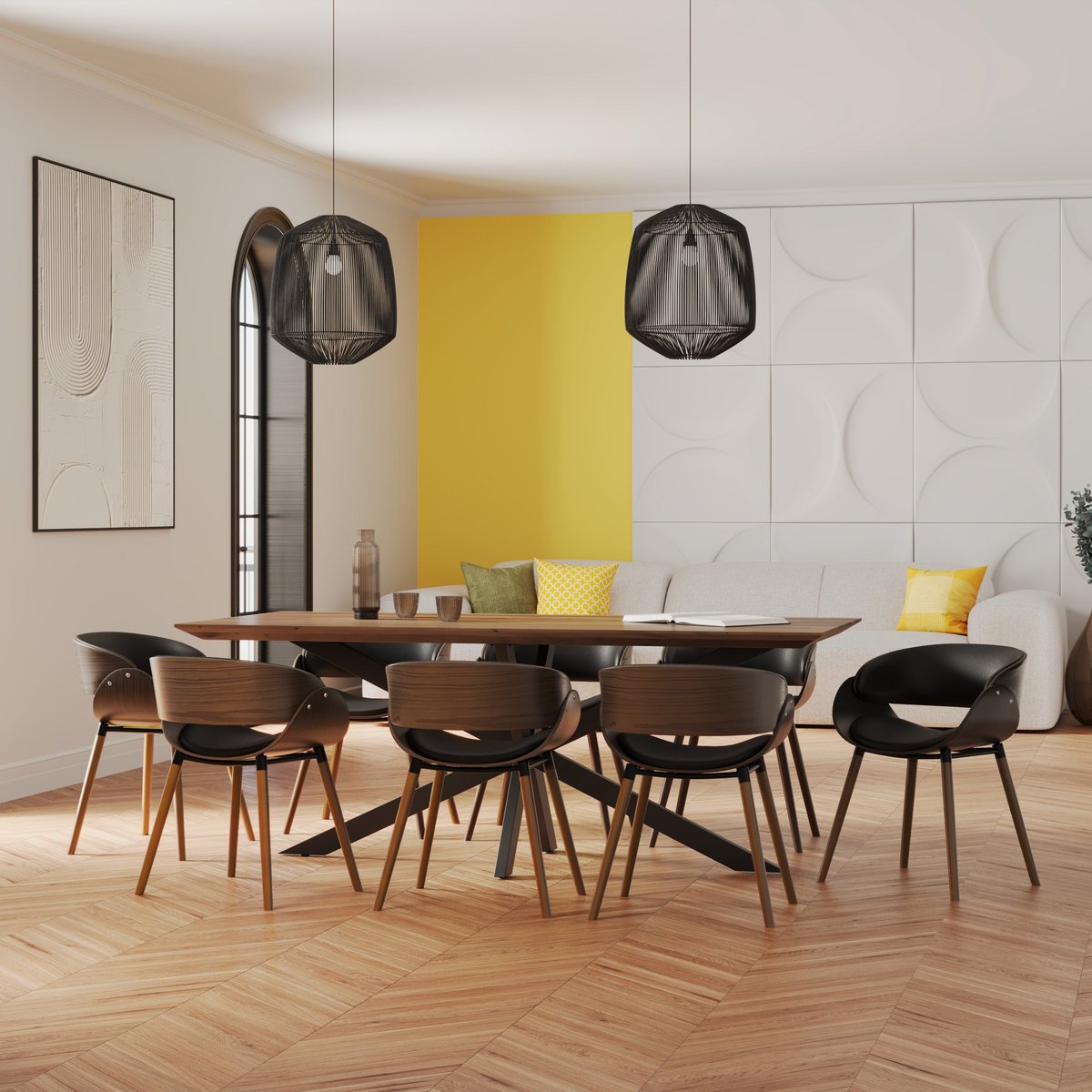 Table et chaises 8 personnes en cuir synthétique - SURDIMAN marron et noir, MAISON PAVANE