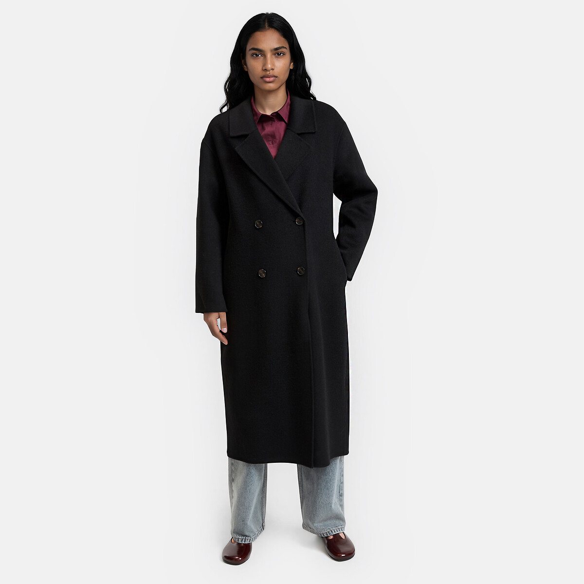 Abrigo oversize cruzado de confección artesanal en mezcla de lana negro, LA REDOUTE COLLECTIONS