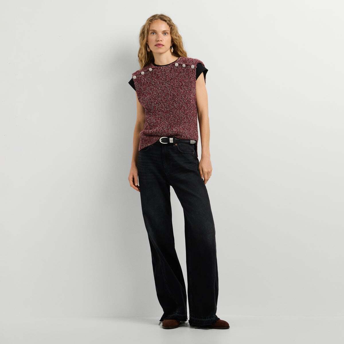 Pull Mouliné Sans Manches rouge baie, PEPE JEANS