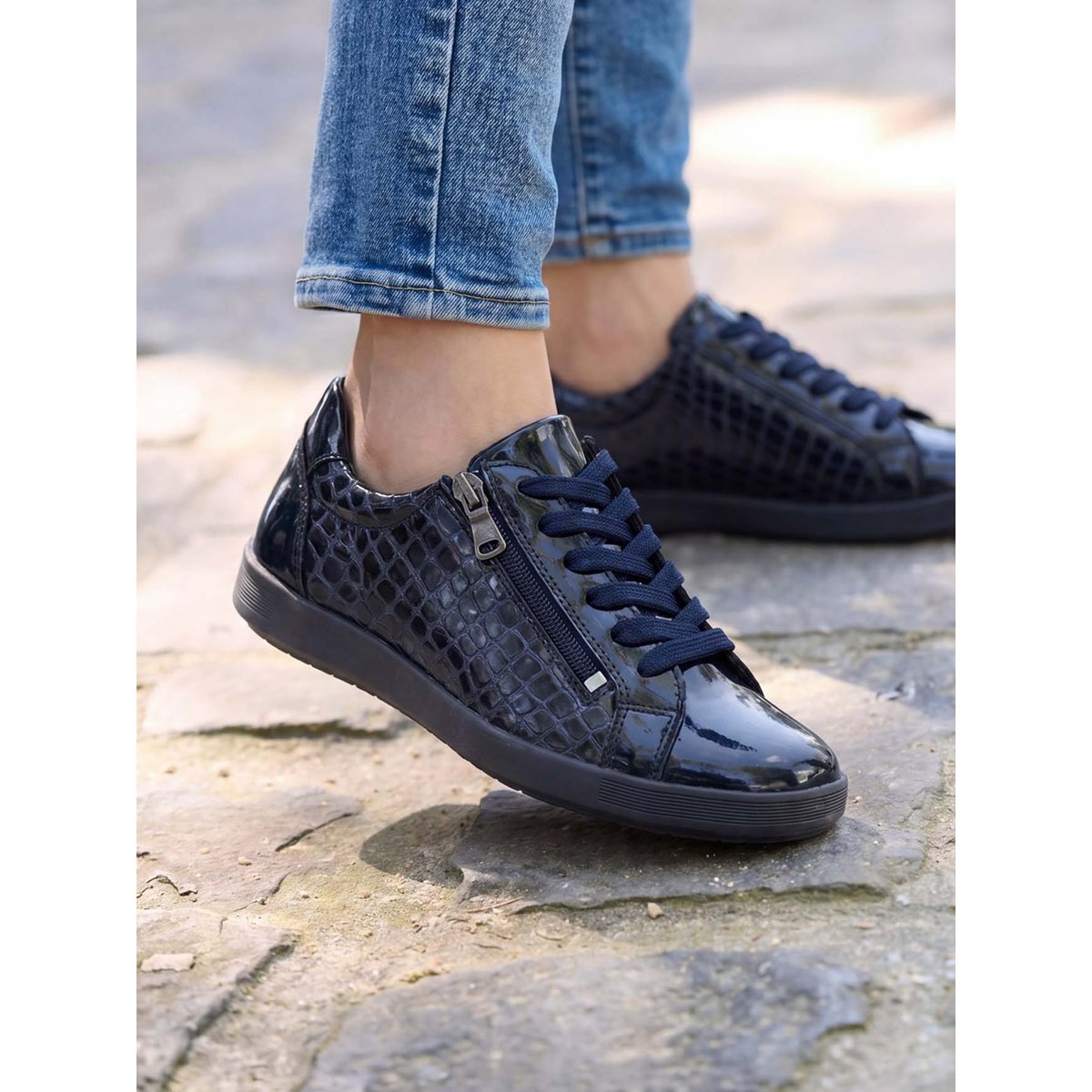 Baskets cuir à lacets et zip marine, PEDICONFORT