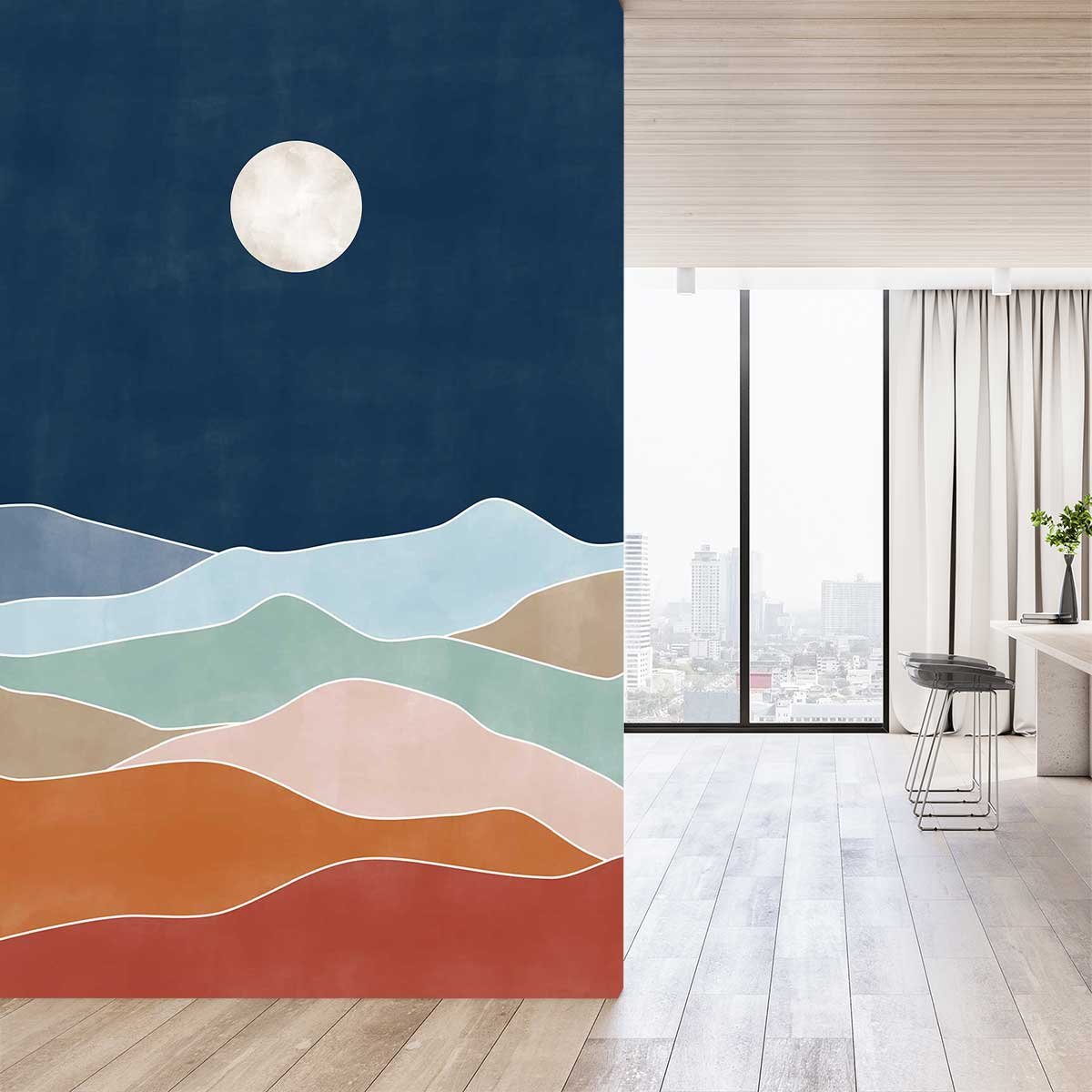 Papier peint lune bleu intissé, HEXOA