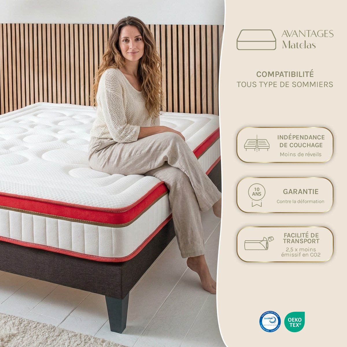 Ensemble Matelas SUPREME et Sommier SÉLÉNA - Accueil ferme, soutien ferme naturel, MAISON AUBERTIN