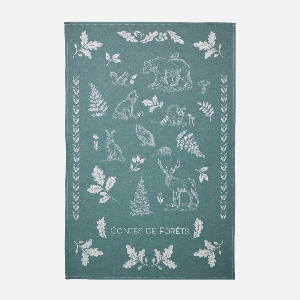 Torchon jacquard en coton CONTE DE FORÊT vert bleu, COUCKE