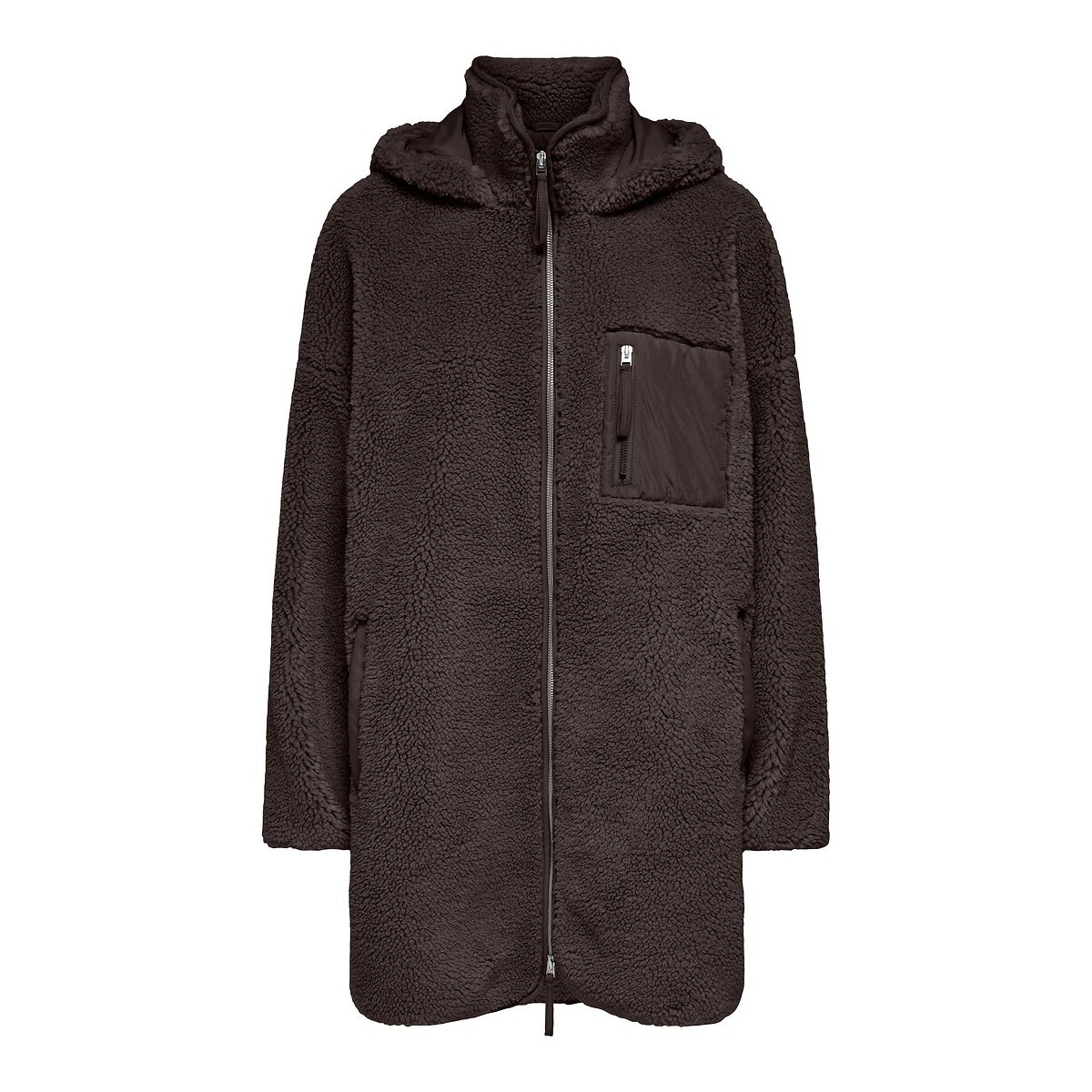 Casaco de comprimento médio em sherpa, com fecho e capuz castanho-chocolate, ONLY