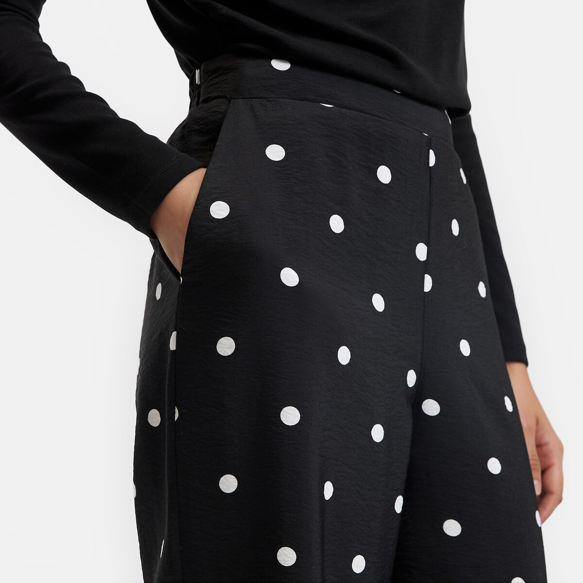 Polka Dot High Waist Wide Leg Loose Fit Trousers polka dot print/black background, LA REDOUTE COLLECTIONS