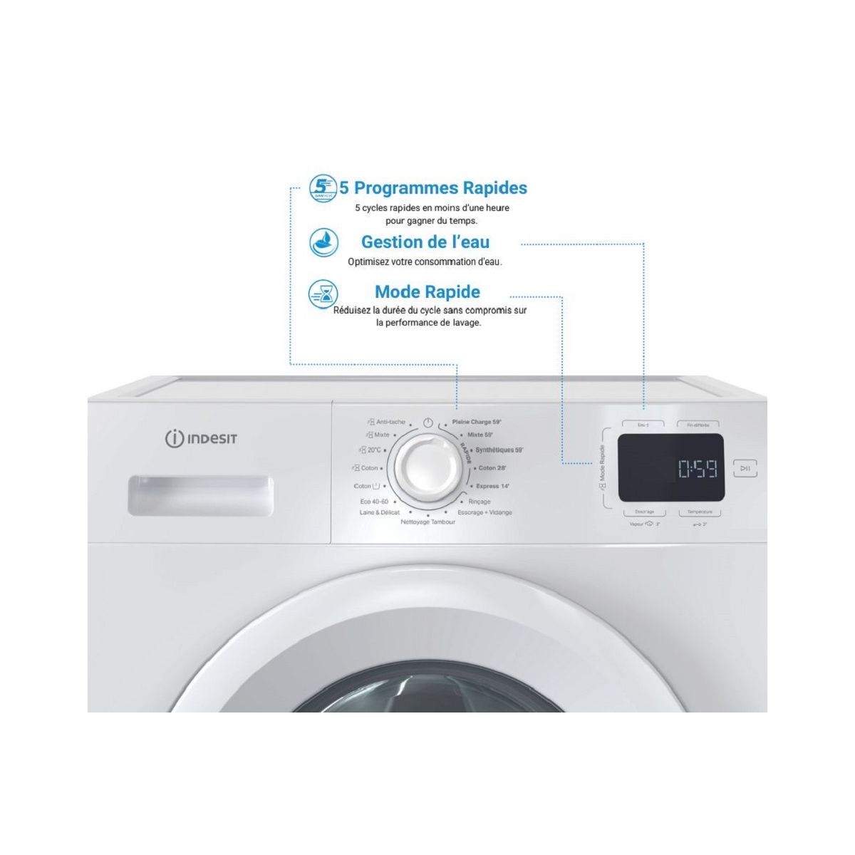 Lave linge hublot IM864MYTIMEFR couleur unique, INDESIT