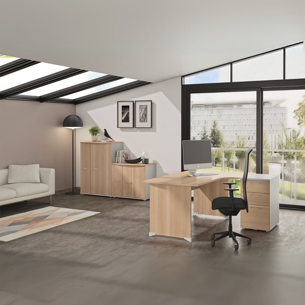 Plan compact 90° gauche avec pieds panneaux beige, GAMI