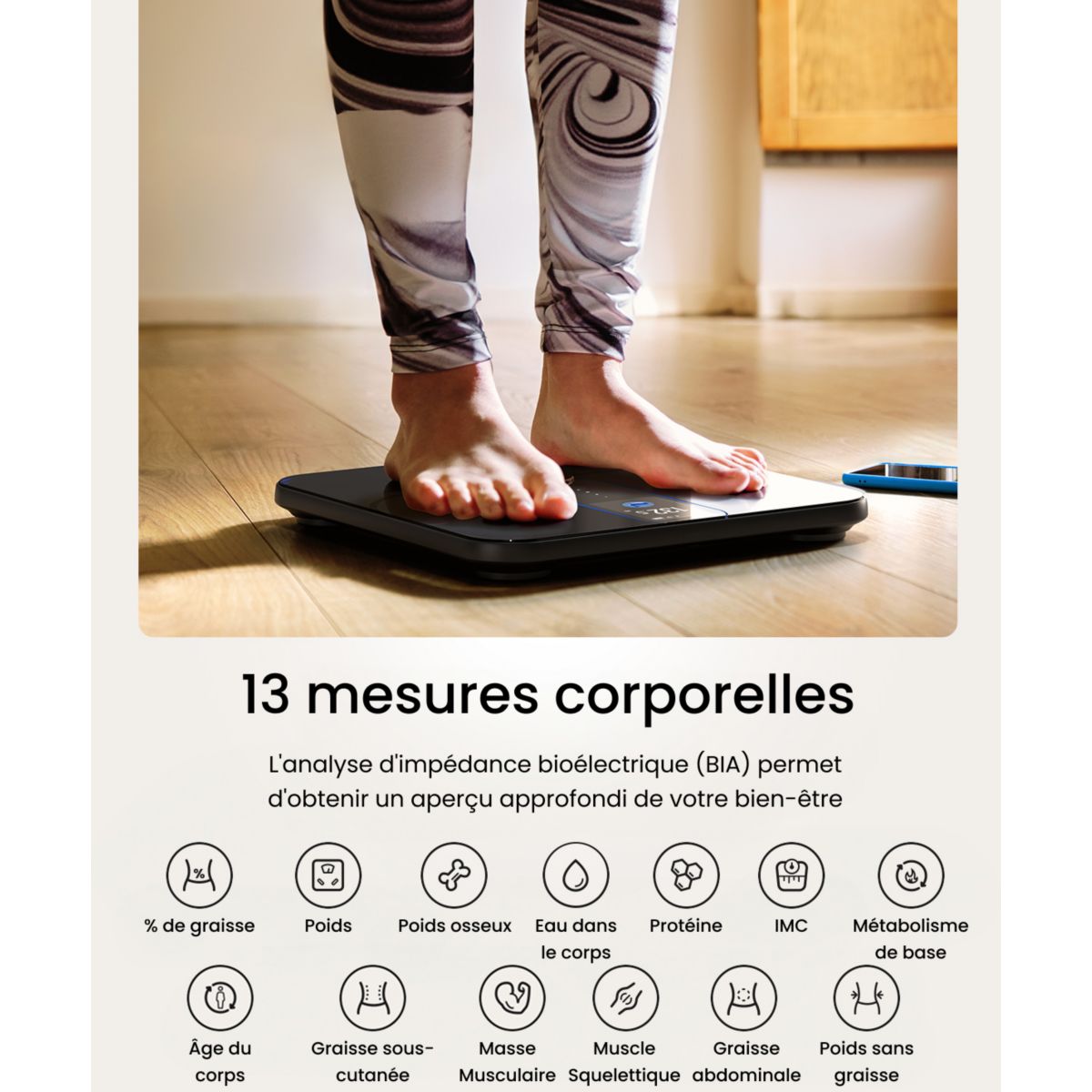 Pèse personne connecté Elis Nova A031- Impédancemètre Haute Précision Bluetooth, 13 Données corporelles - Rechargeable couleur unique, RENPHO