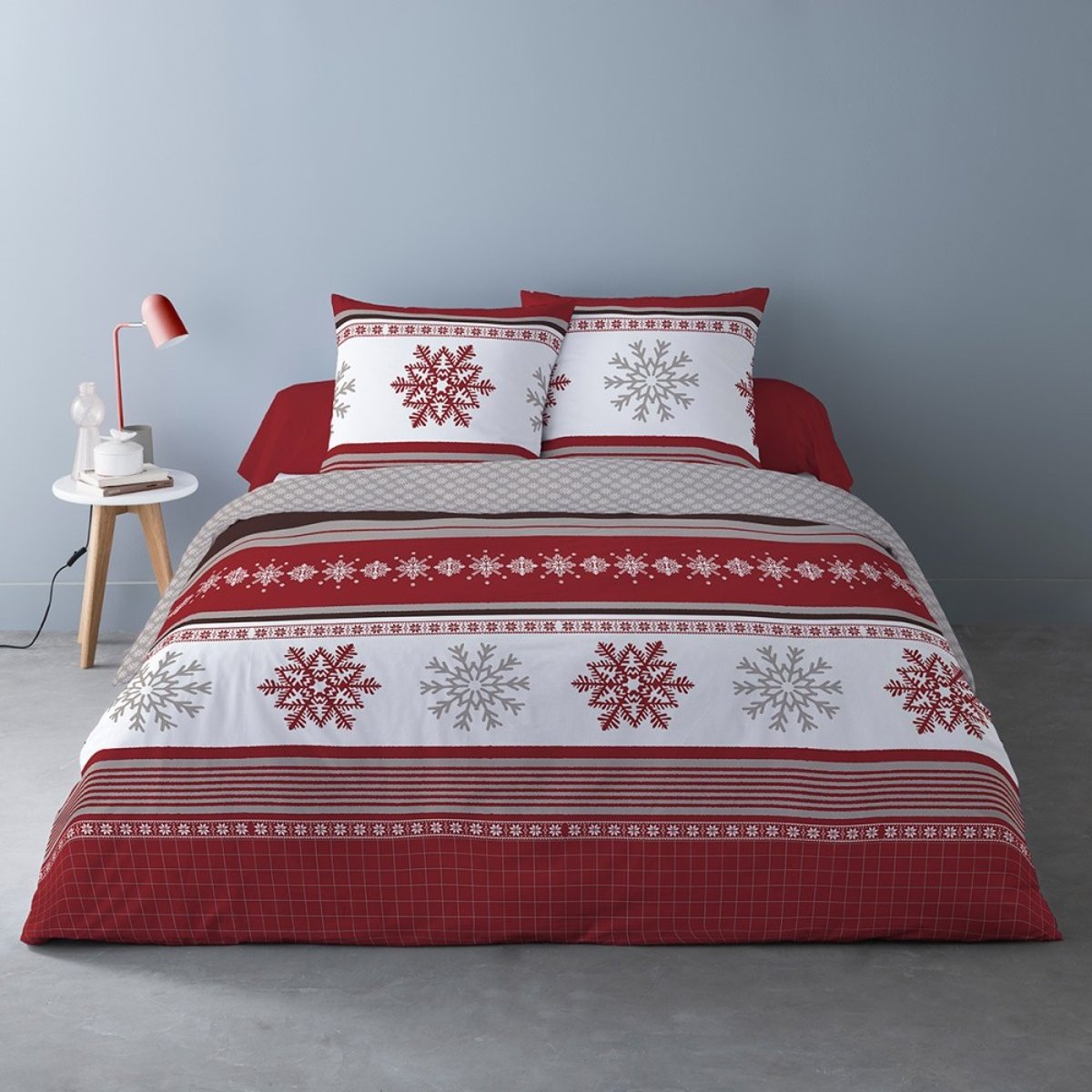 Housse de couette 200x200 Adèle + 2 taies coton flanelle rouge, DECORATIE