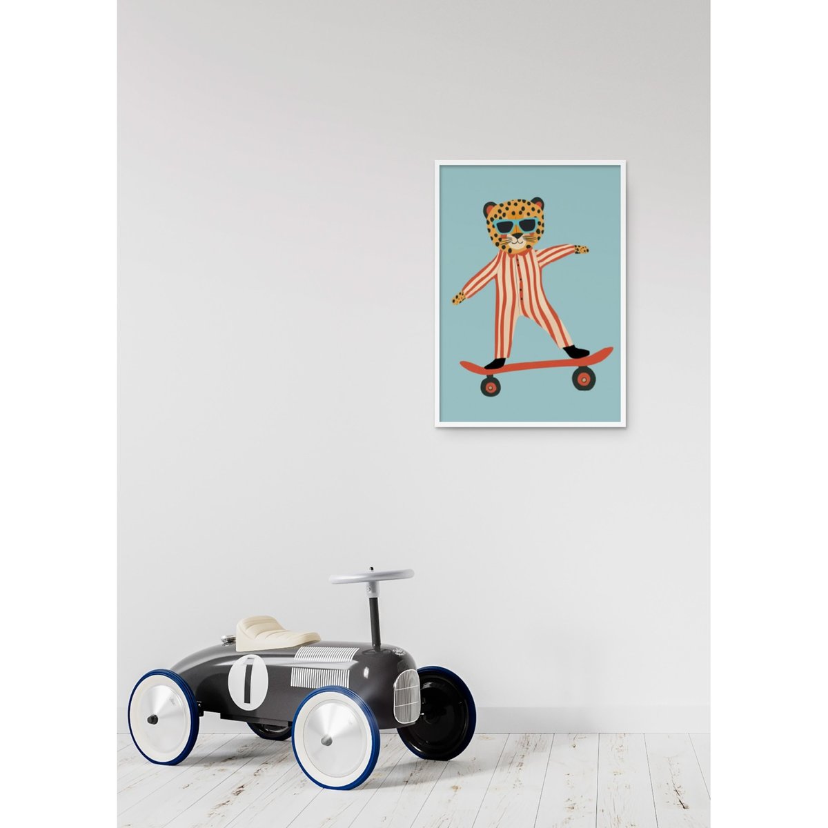 Affiche Guépard sur skateboard blanc, L'AFFICHERIE