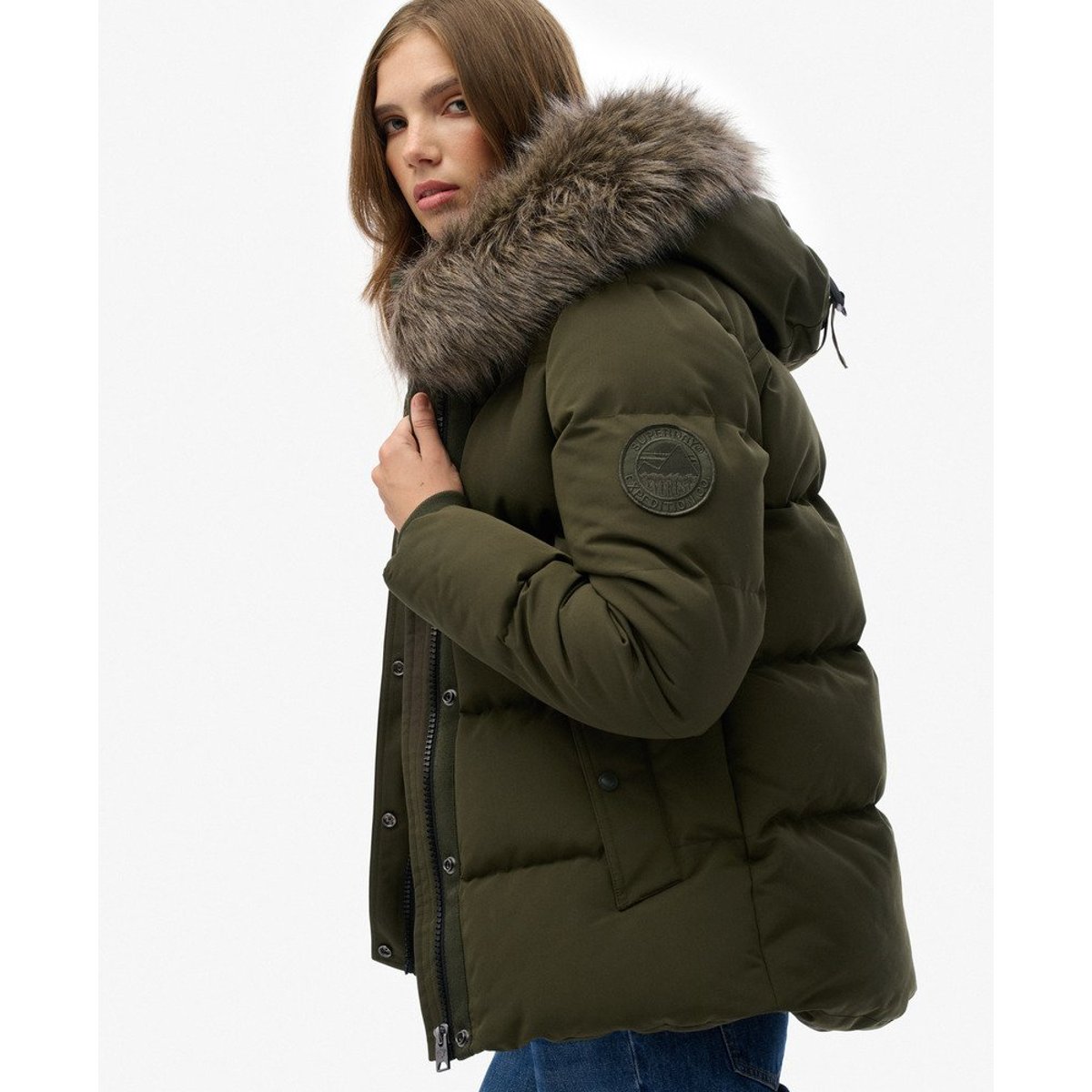 Doudoune courte à capuche en imitation fourrure kaki militaire, SUPERDRY