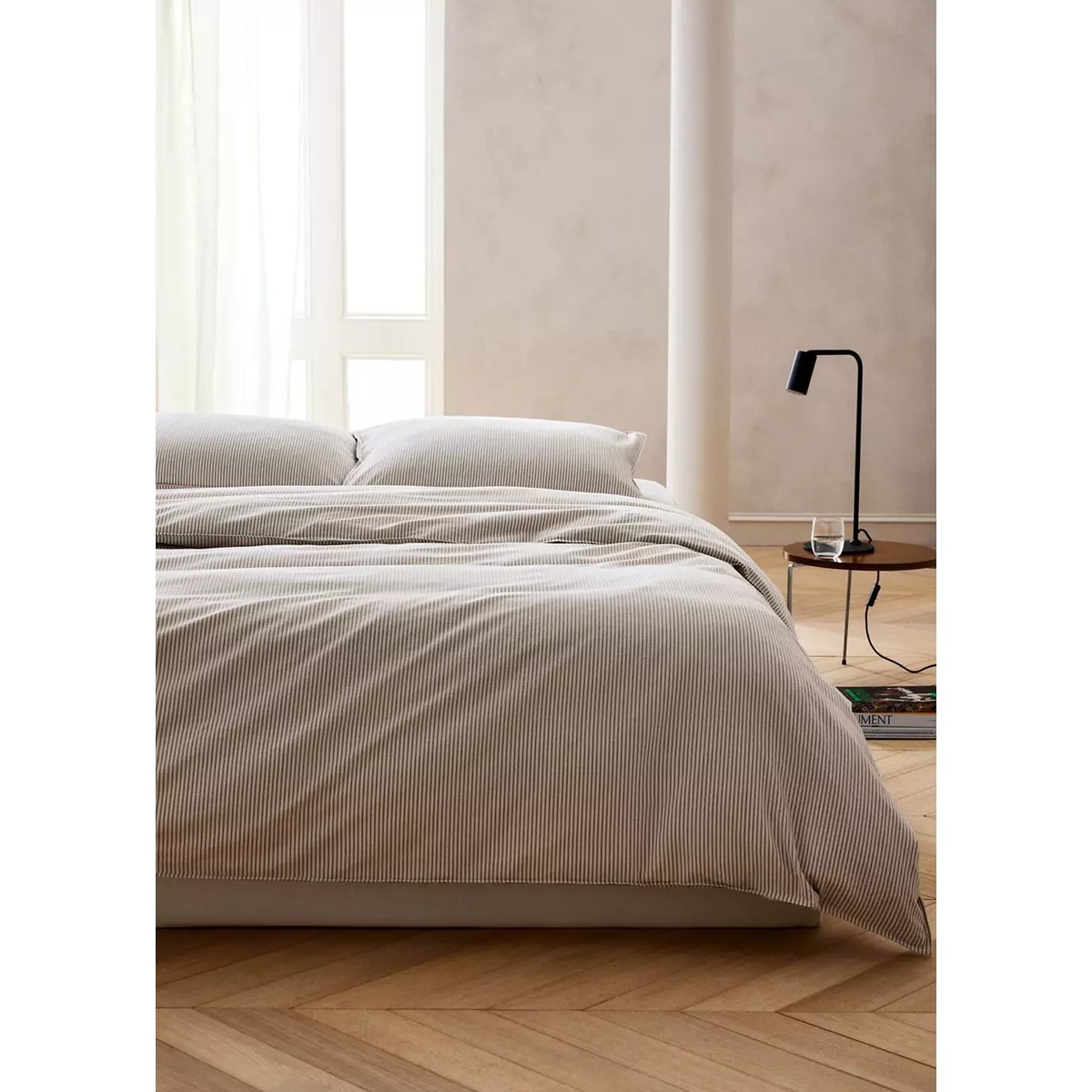 Housse de couette coton seersucker à rayures fines lit 150/160 cm café, MANGO HOME