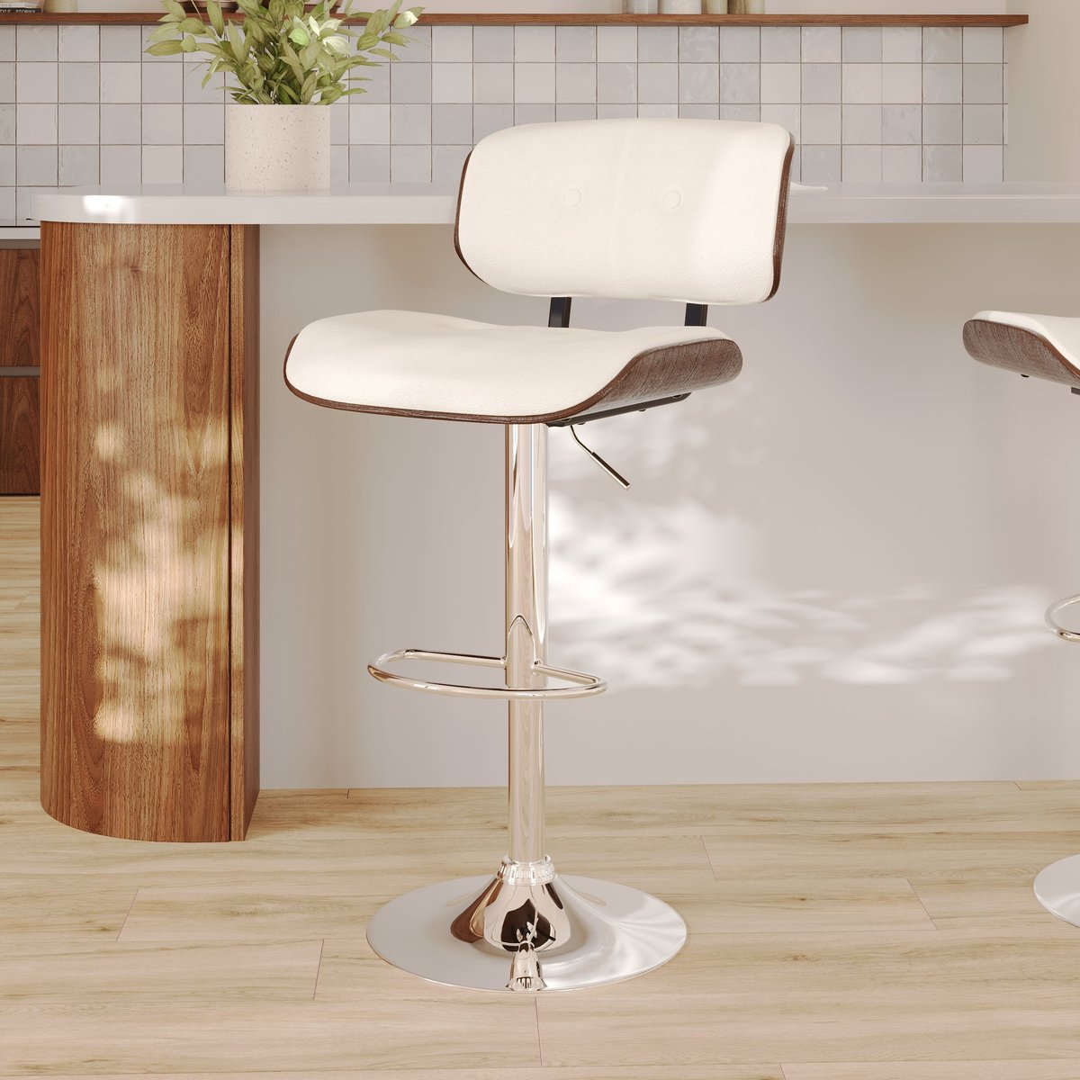 Chaise de bar réglable 65/86 cm en cuir synthétique - MELCHIOR blanc pied chrome, MAISON PAVANE