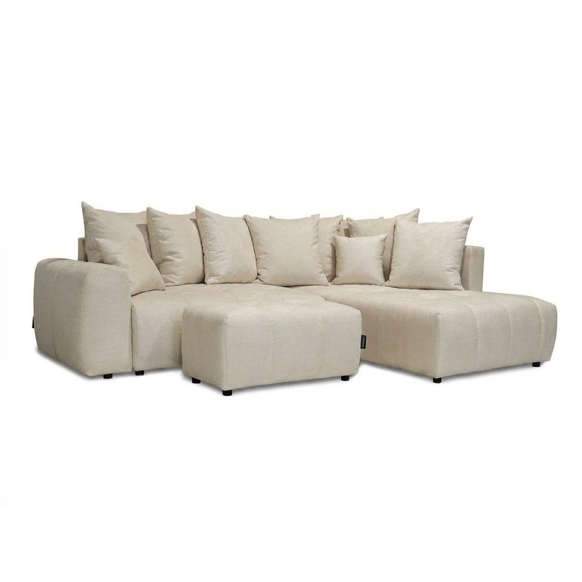 Canapé d'angle convertible 4 places en tissu chiné avec pouf, ROXELANE beige, BOBOCHIC
