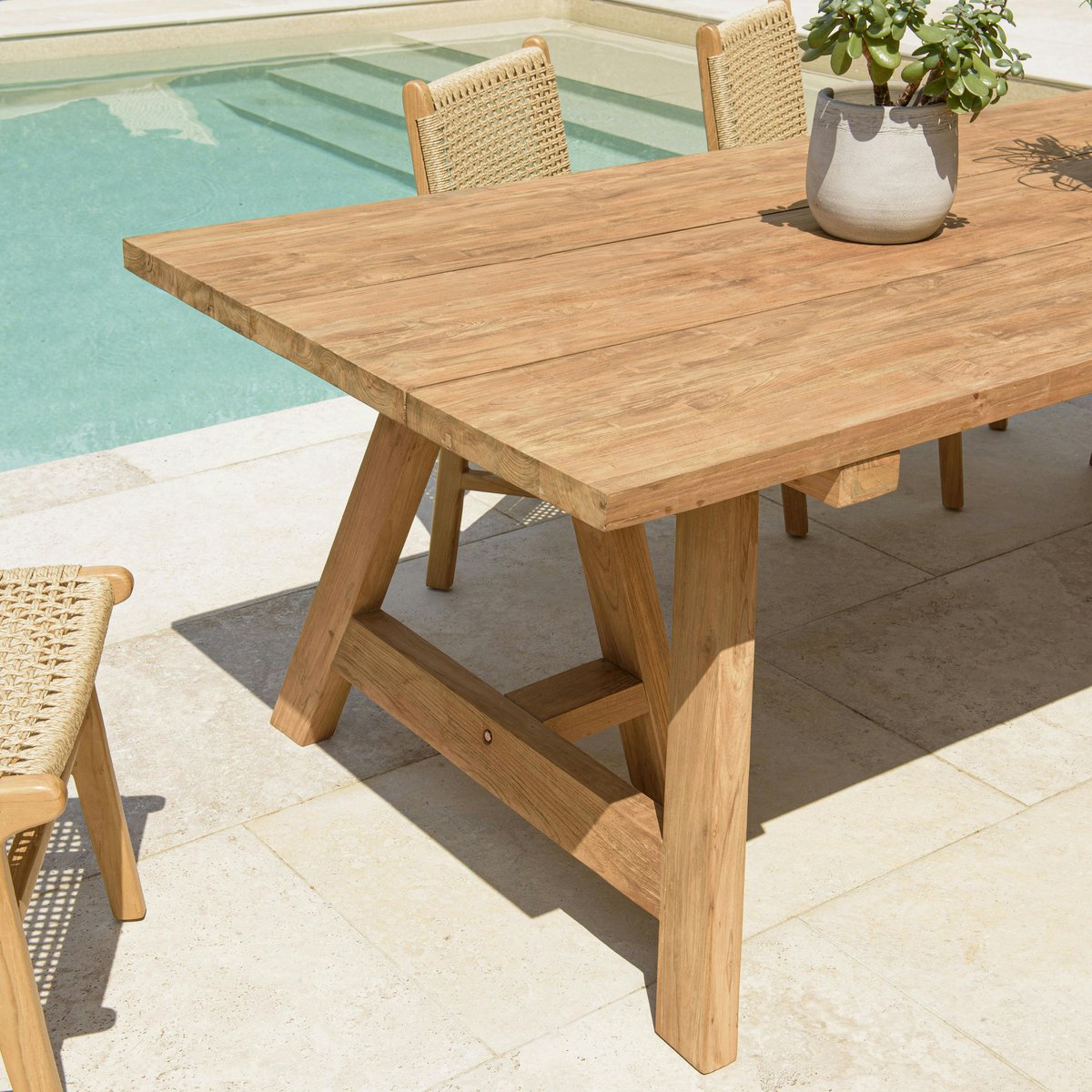 Table de jardin pieds tréteaux teck recyclé naturel 220 cm MANY bois naturel, PIER IMPORT