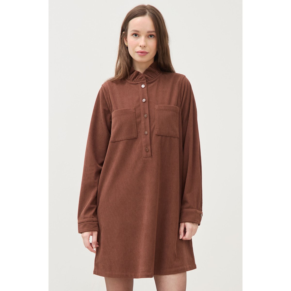 Robe velours manches longues col montant marron foncé, BONOBO