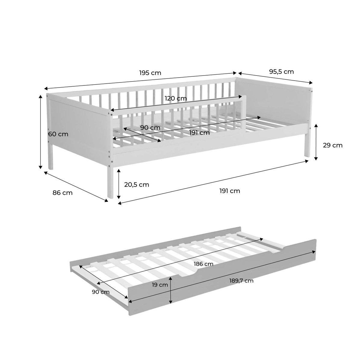 Lit gigogne enfant 90 x 190 cm pin naturel avec sommier à lattes et tiroir ELIO blanc, SWEEEK