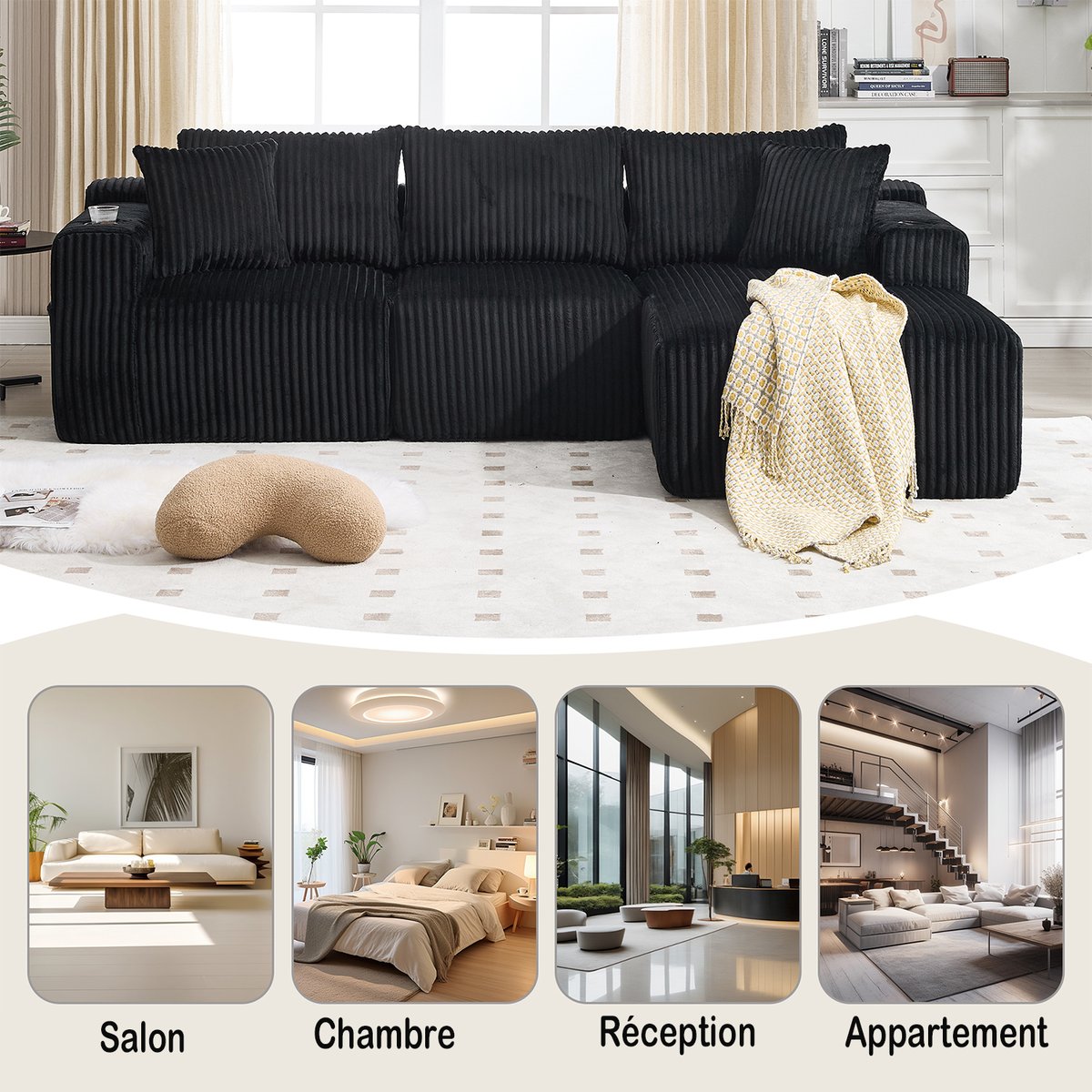 Canapé d’angle 3 places design moderne en velours côtelé avec méridienne, poches latérales et porte-gobelets, SCANDB noir, MEUBLES COSY