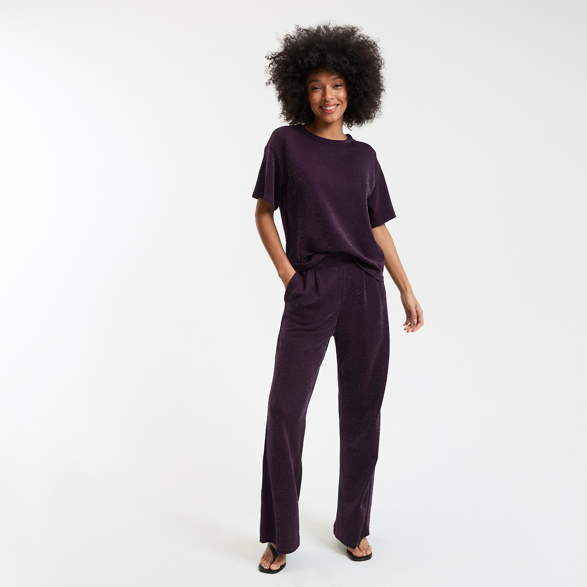 Sequined Crew Neck T-Shirt with Short Sleeves purple/plum, LA REDOUTE COLLECTIONS
