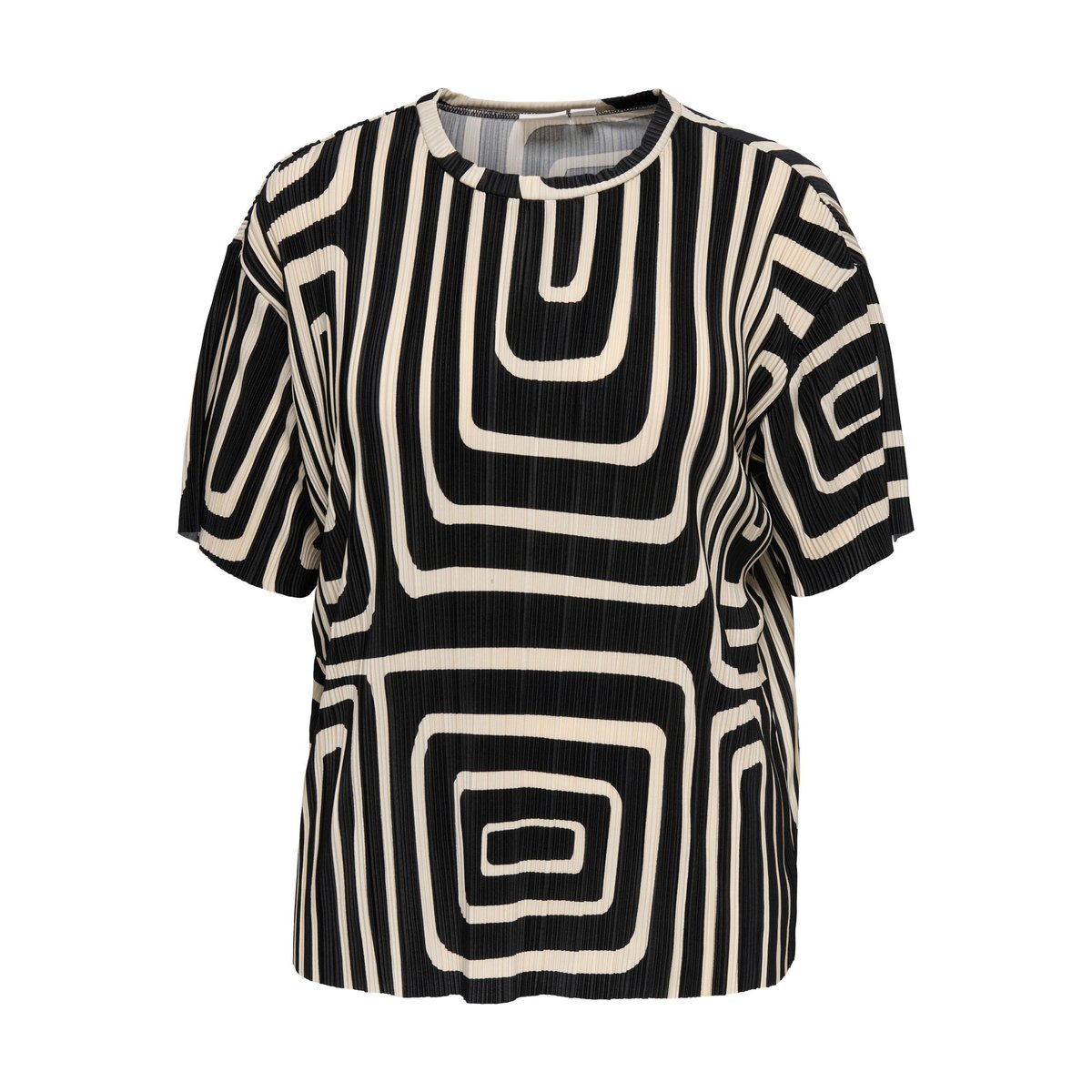 Top écru et noir plissé pourvu d'un motif géométrique et d'un col rond noire - black, ONLY CARMAKOMA