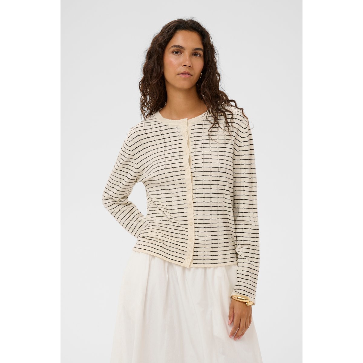 Cardigan à tricot blanc turtledove w black stripe, SOAKED IN LUXURY