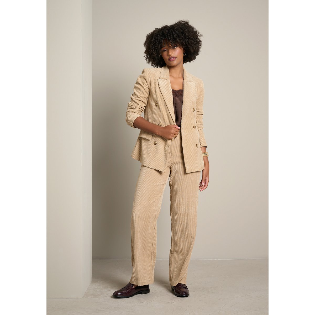 Blazer croisé en velours côtelé lt beige, LOLALIZA