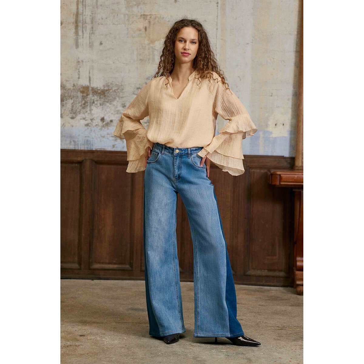 Stoned jeans met denim brut inzetstukken, PAIVA stoned , LA PETITE ETOILE