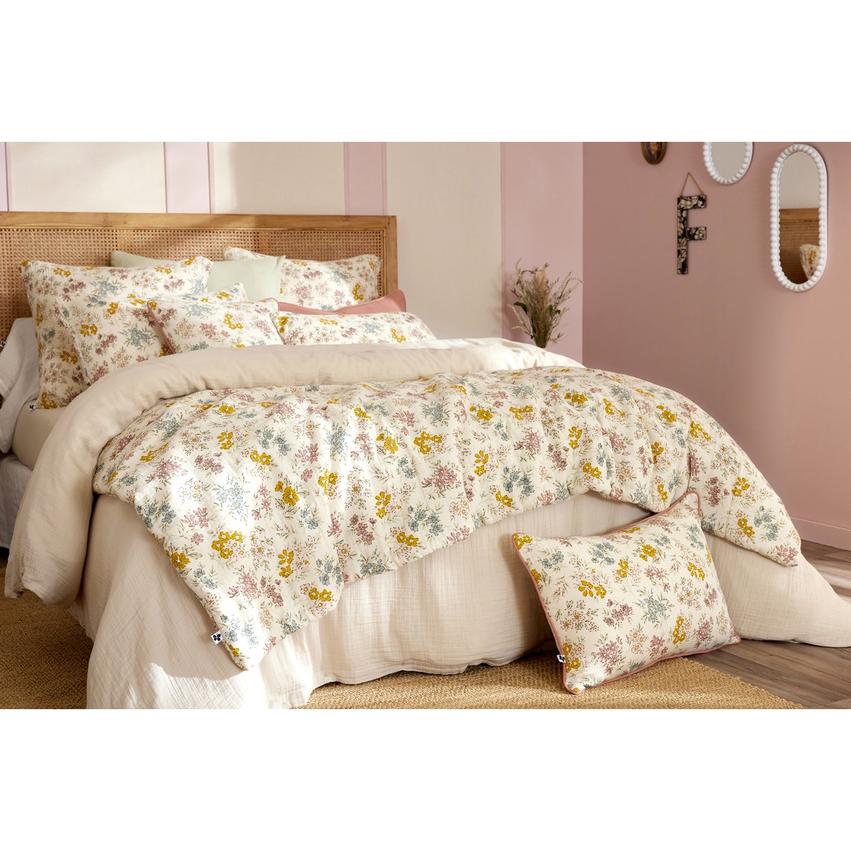 Bout de lit 90 x 200 cm en gaze de coton imprimée Adèle beige, EDEN