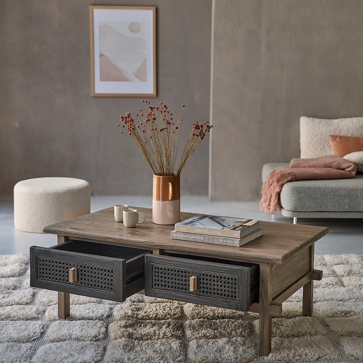 Table basse en bois recyclé massif 110 cm 2 tiroirs JUNKO gris, BERAH GETAH
