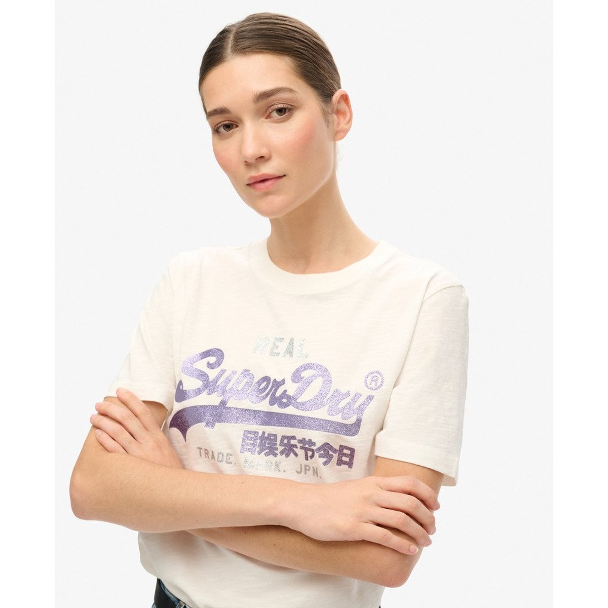 T-shirt scintillant à motif VL écru flammé, SUPERDRY