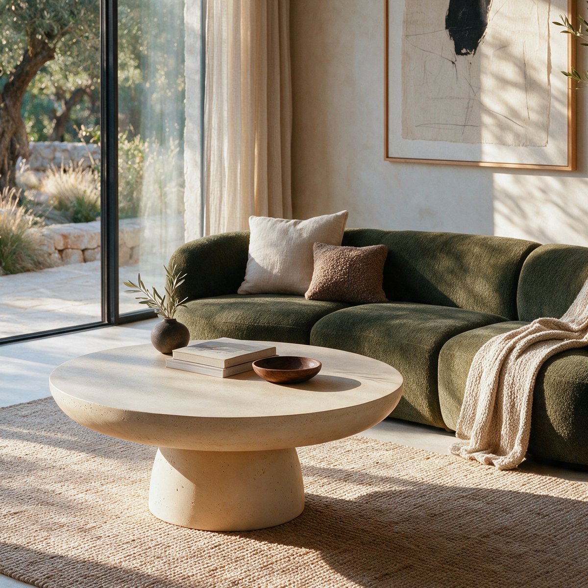 Table basse ronde en fibre d'argile effet béton D90 cm - PAROS beige, MAISON PAVANE